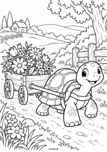 Skildpadde med blomsterkurv – tegning til print
