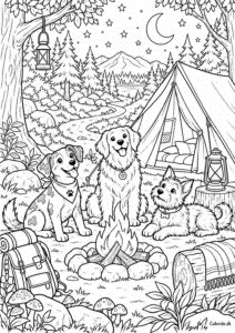 Hunde på campingtur i skoven – detaljeret malebillede