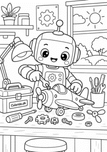 Kawaii robot i værksted – tegning til print