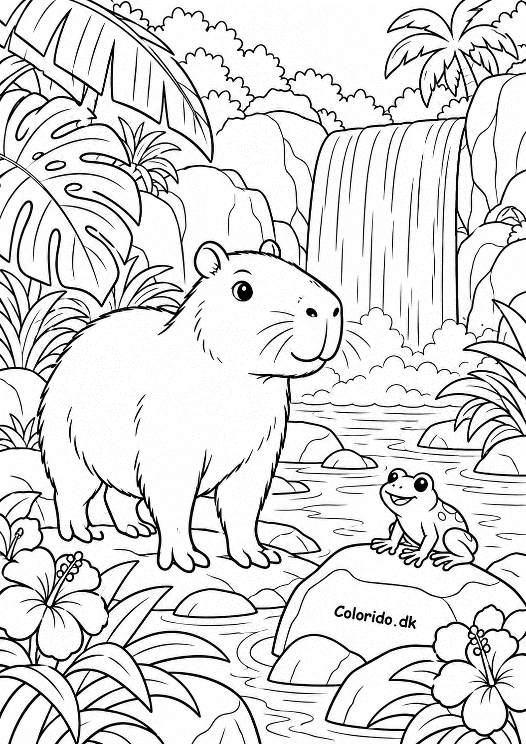 Capybara ved junglevandfald med frø – tegning til print