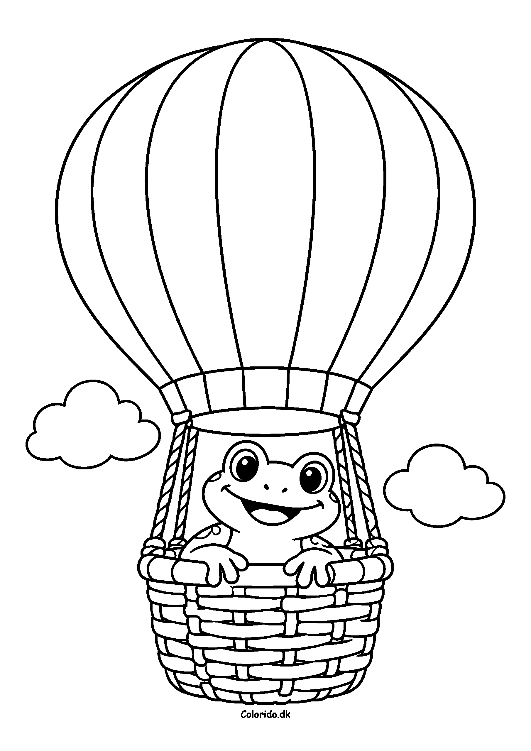 Frø i en varmluftballon – eventyrtegning til print