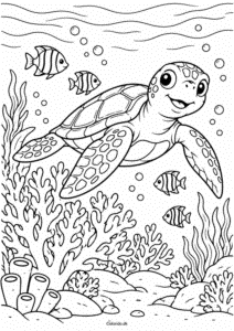 Havskildpadde ved koralrev – tegning til print