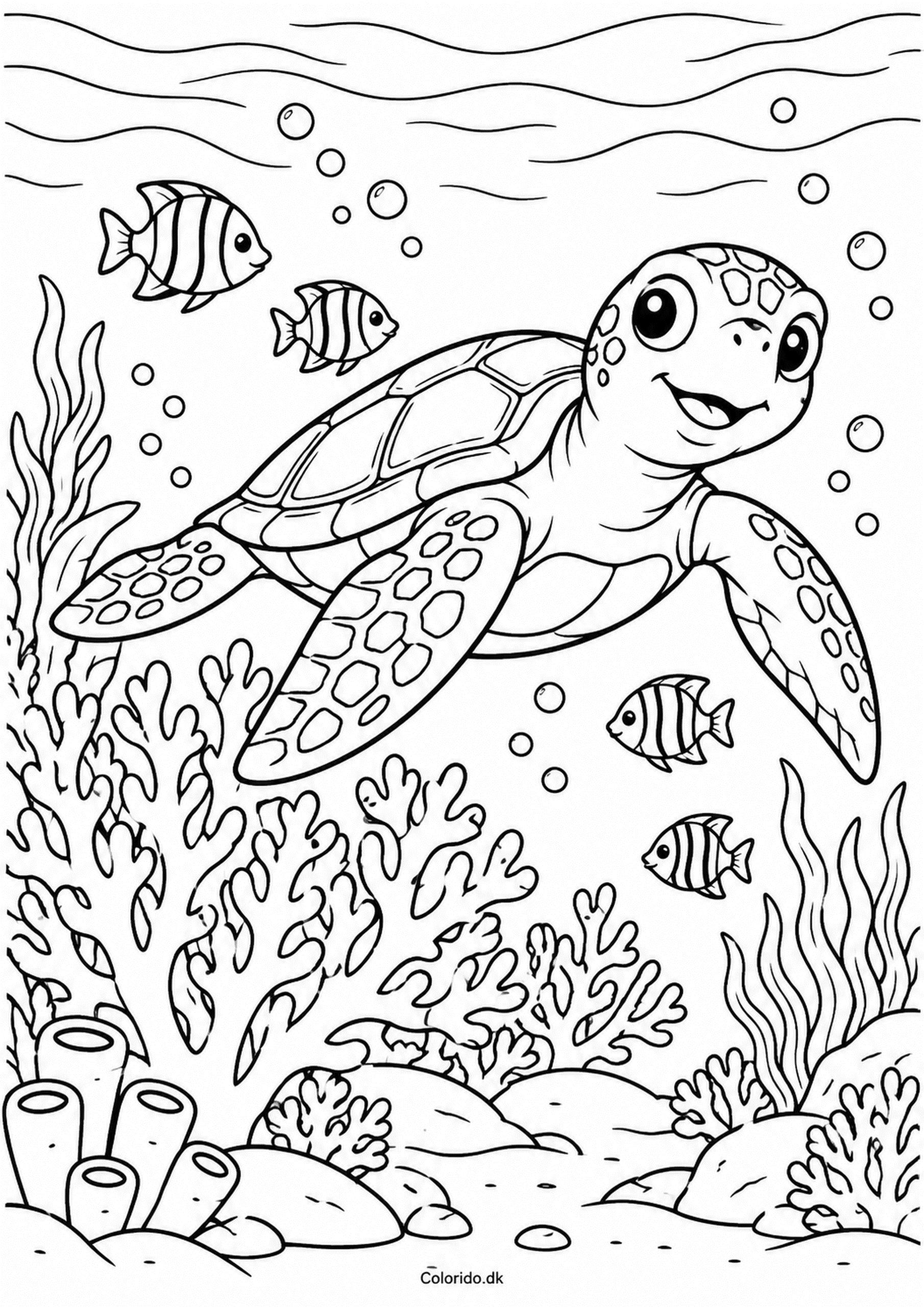 Havskildpadde ved koralrev – tegning til print