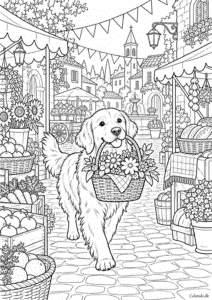 Hund på marked med blomster og kurve – tegning til print