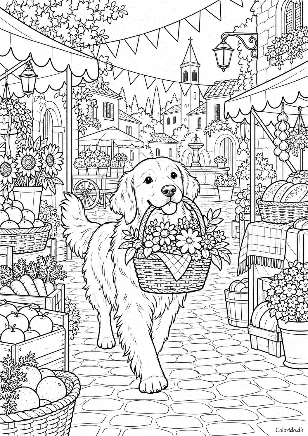 Hund på marked med blomster og kurve – tegning til print