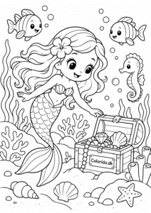 Kawaii havfrue i koralhave – gratis tegning