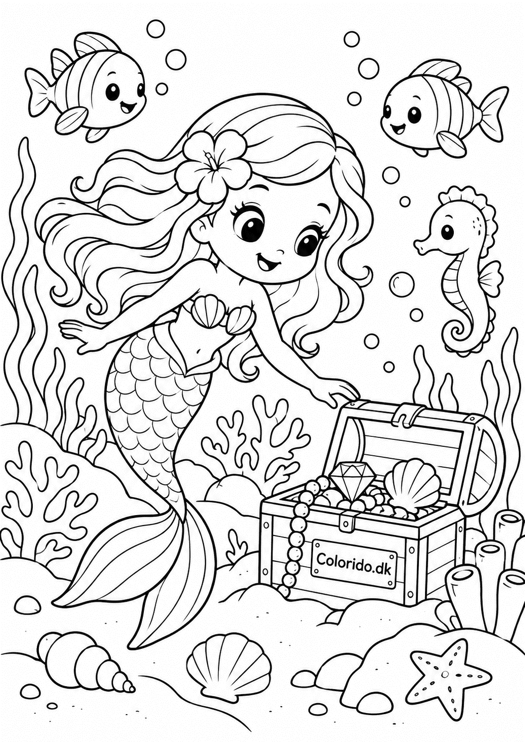 Kawaii havfrue i koralhave – gratis tegning