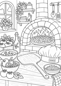 Pizza i ovn – farvelægningstegning fra køkkenet
