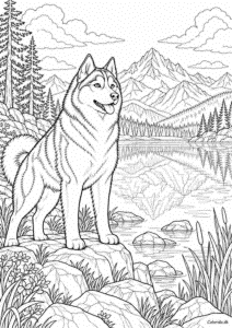 Husky ved bjergsøen – detaljeret hundetegning
