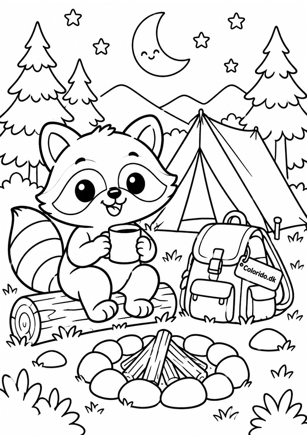 Kawaii vaskebjørn på campingtur – farvelægning