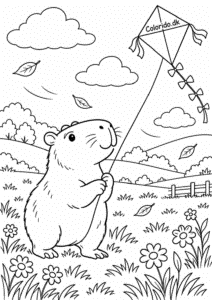 Capybara flyver med drage i engen – farvelægning for børn