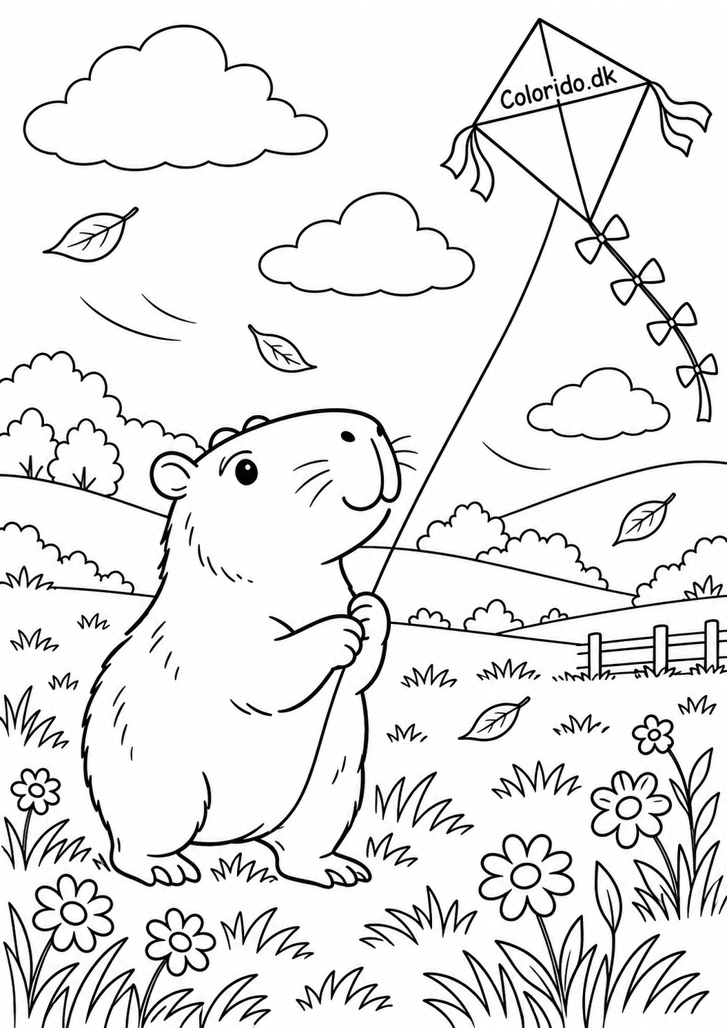 Capybara flyver med drage i engen – farvelægning for børn