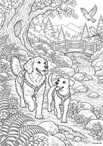 Hunde på skovens eventyrsti – gratis tegning til print