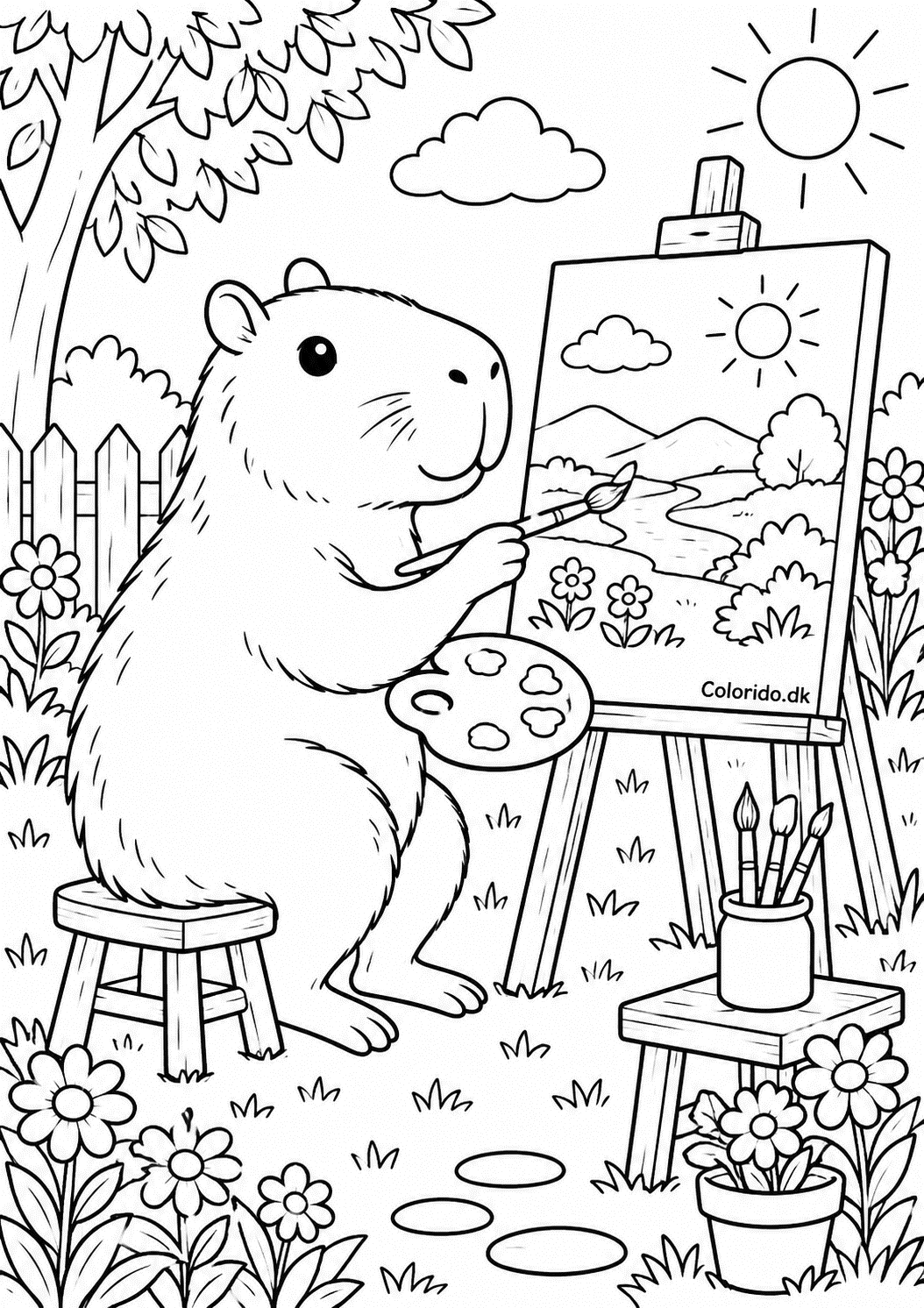 Capybara maler et landskab i haven – kreativ tegning til print