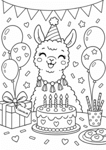 Kawaii lama holder fødselsdag – tegning til print