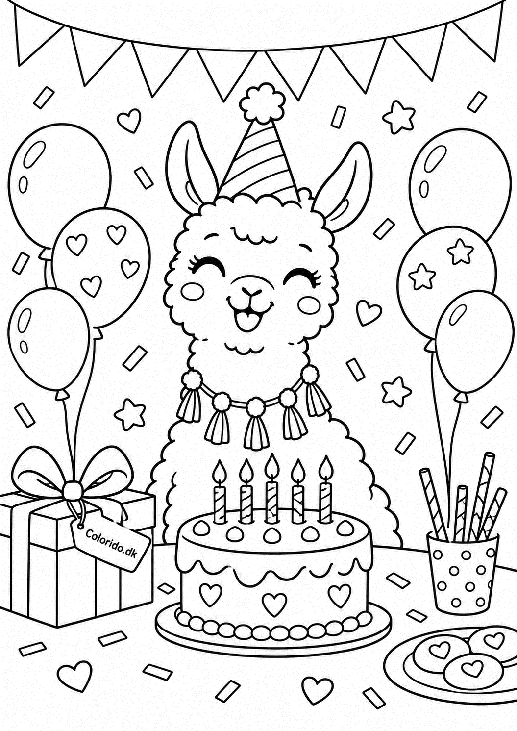 Kawaii lama holder fødselsdag – tegning til print