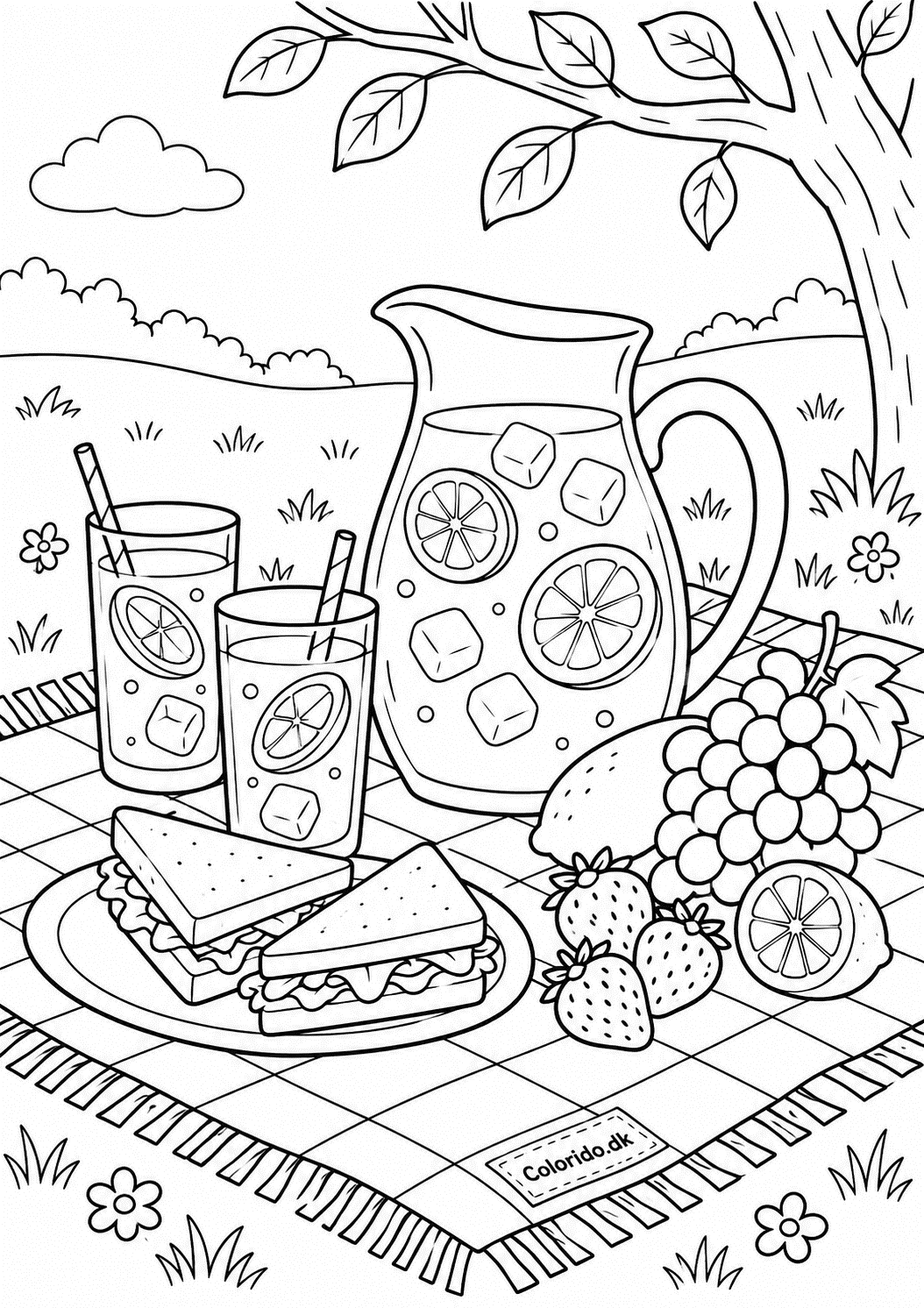 Limonade og frugt på picnic – tegning til farvelægning