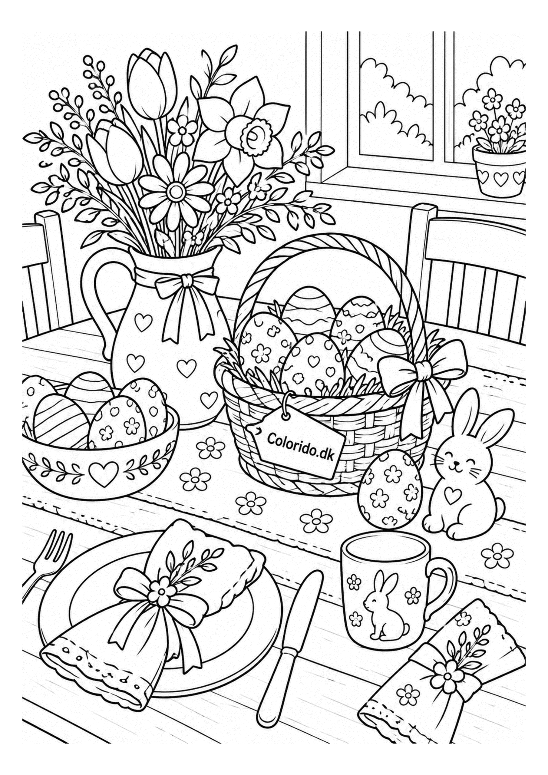 Påskebord med blomster og æg