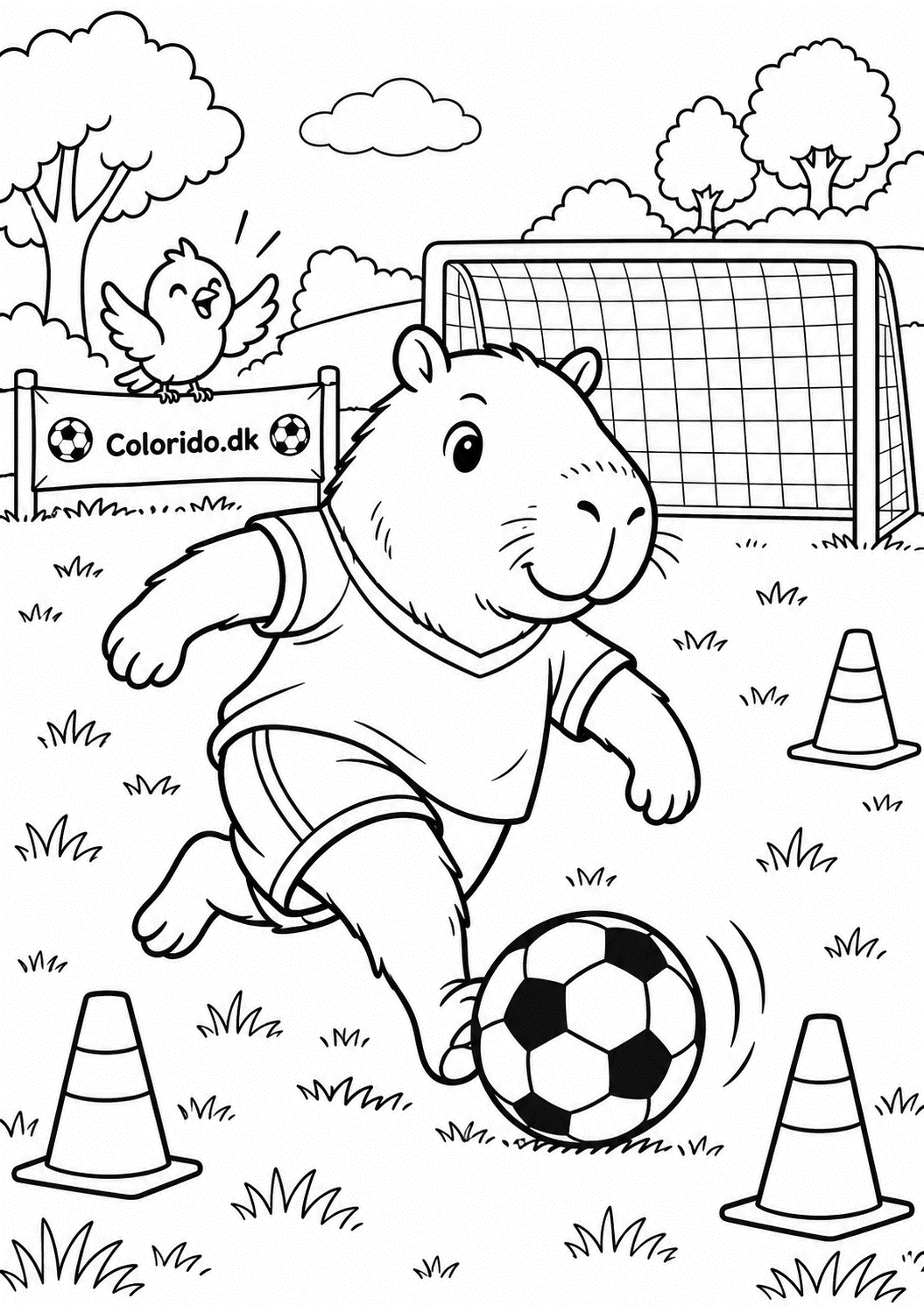 Capybara spiller fodbold foran mål – gratis malebillede