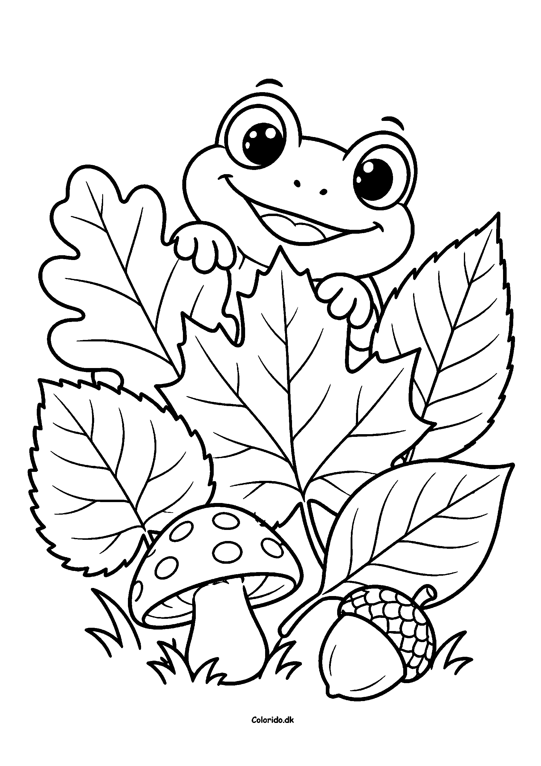 Frø gemmer sig blandt efterårsblade – tegning til print