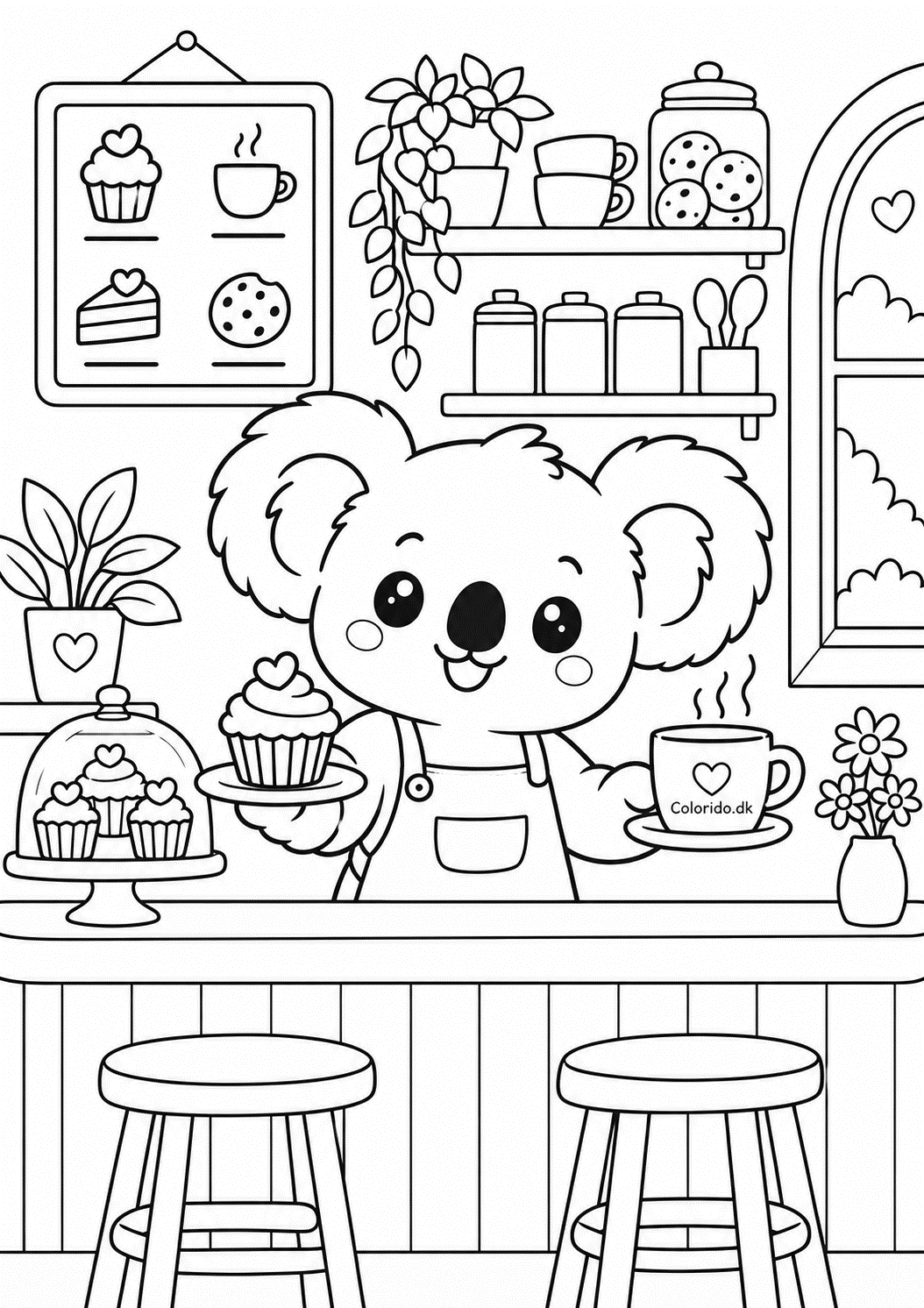 Kawaii koala på café – gratis farvelægning