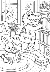 Krokodille på biblioteket med bøger til farvelægning