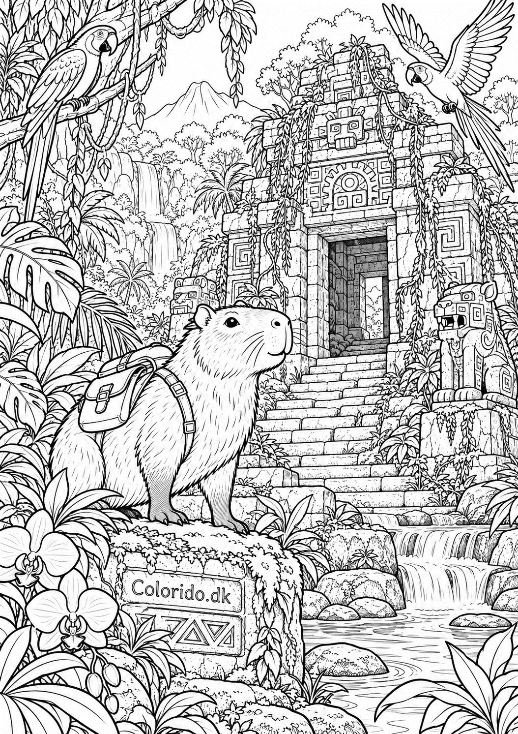 Capybara opdager et gammelt jungletempel – detaljeret tegning