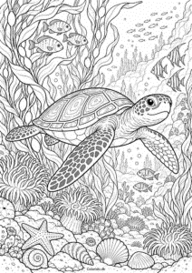 Havskildpadde i tangskoven – detaljeret tegning