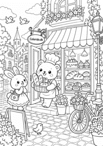 Kawaii bagergade med søde dyr – detaljeret tegning