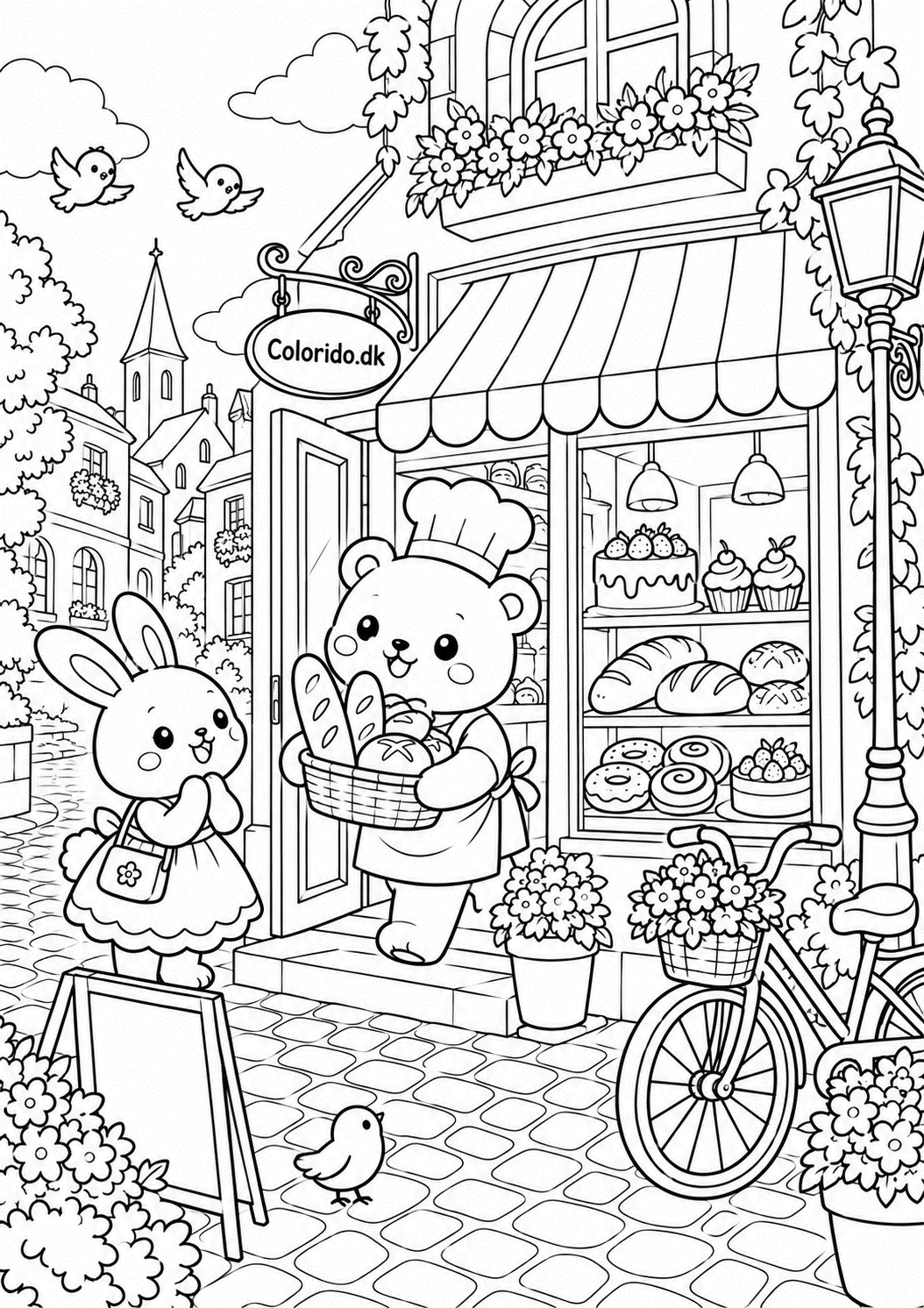 Kawaii bagergade med søde dyr – detaljeret tegning