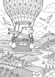 Capybara i varmluftballon over landsby – tegning til farvelægning