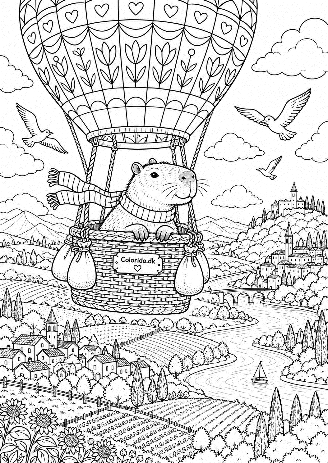 Capybara i varmluftballon over landsby – tegning til farvelægning