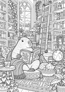 Capybara læser i et hyggeligt bibliotek – svær tegning til print