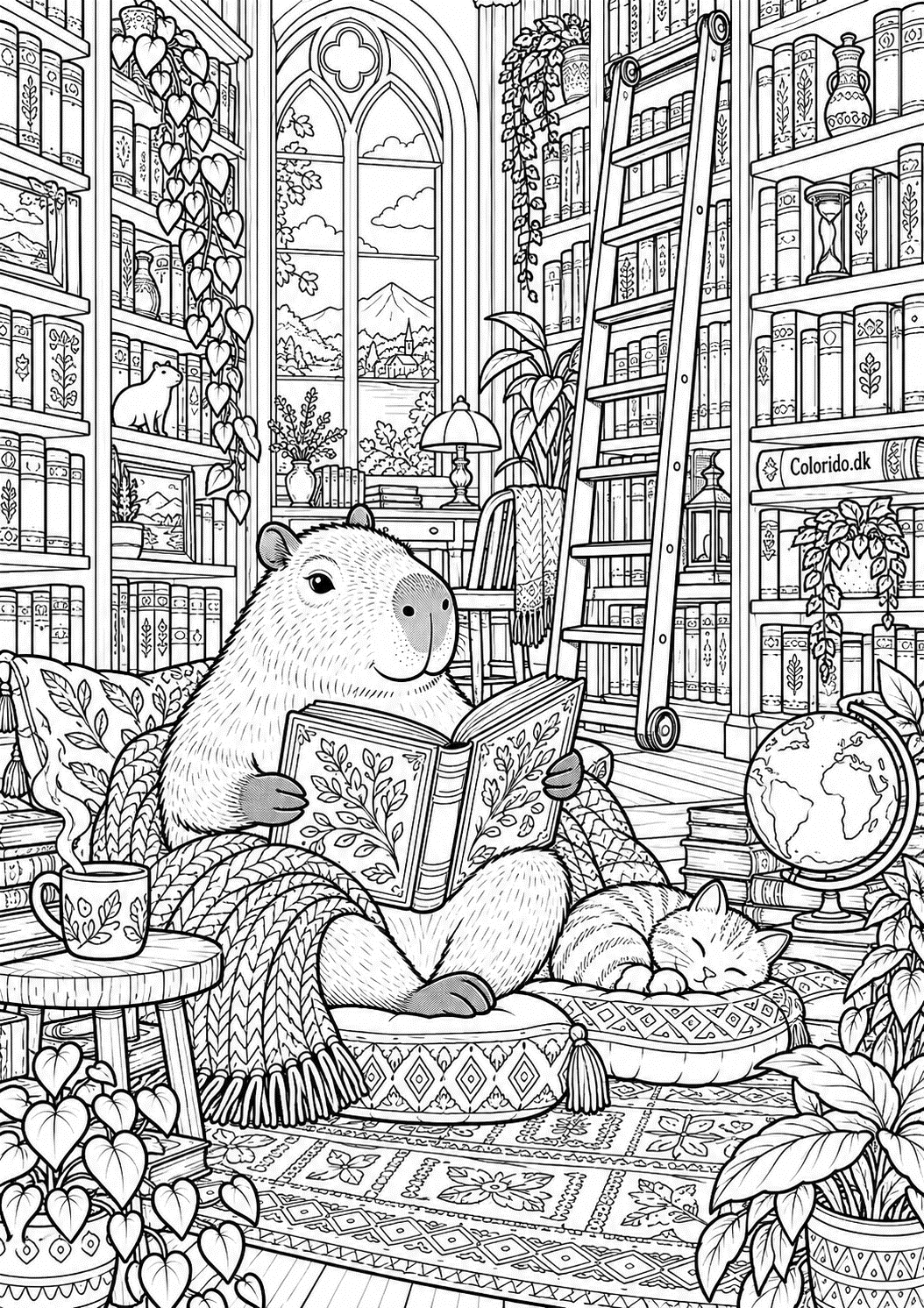 Capybara læser i et hyggeligt bibliotek – svær tegning til print