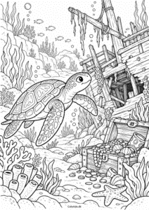 Havskildpadde ved skibsvrag – tegning til print