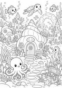 Kawaii undervandsby med havdyr – tegning til print