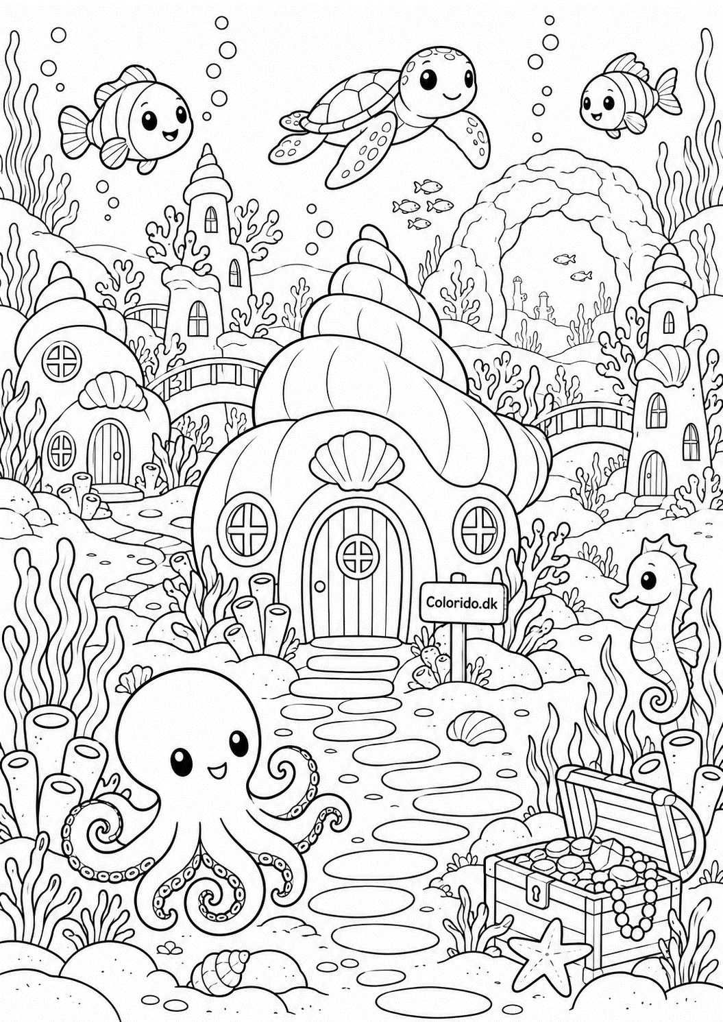 Kawaii undervandsby med havdyr – tegning til print