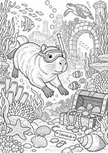 Capybara på undervandseventyr med fisk – detaljeret malebillede