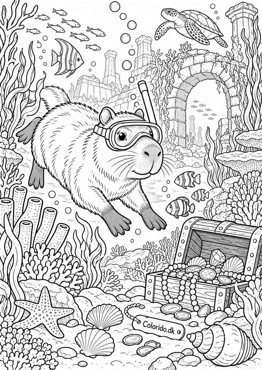 Capybara på undervandseventyr med fisk – detaljeret malebillede