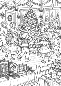Juletræsfest i forsamlingshuset – juletegning til print
