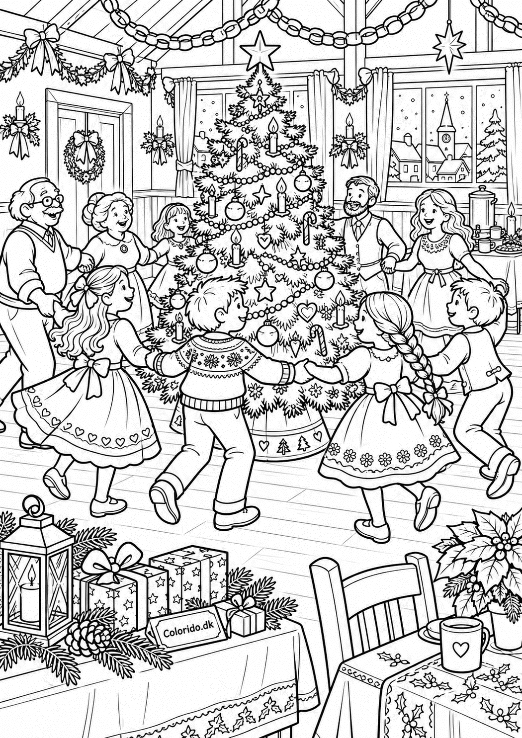 Juletræsfest i forsamlingshuset – juletegning til print