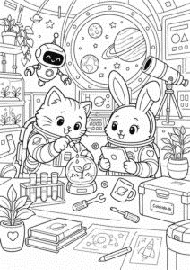Kawaii dyr på rumstation – gratis tegning