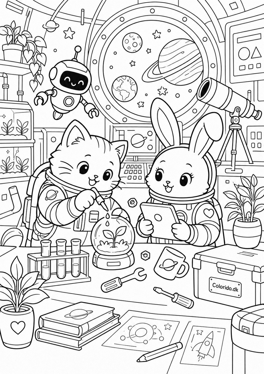Kawaii dyr på rumstation – gratis tegning