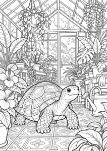 Skildpadde i et drivhus – detaljeret malebogstegning