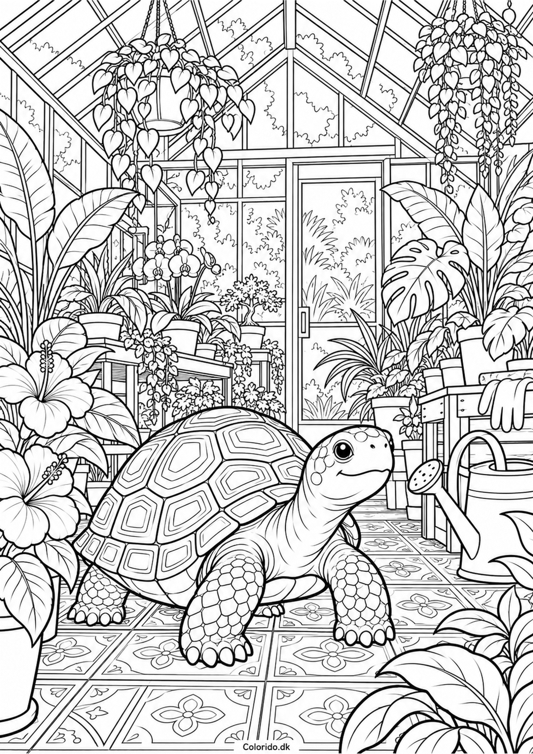 Skildpadde i et drivhus – detaljeret malebogstegning