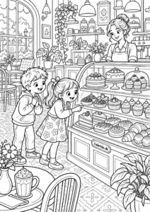 Café med kager og desserter – tegning til print