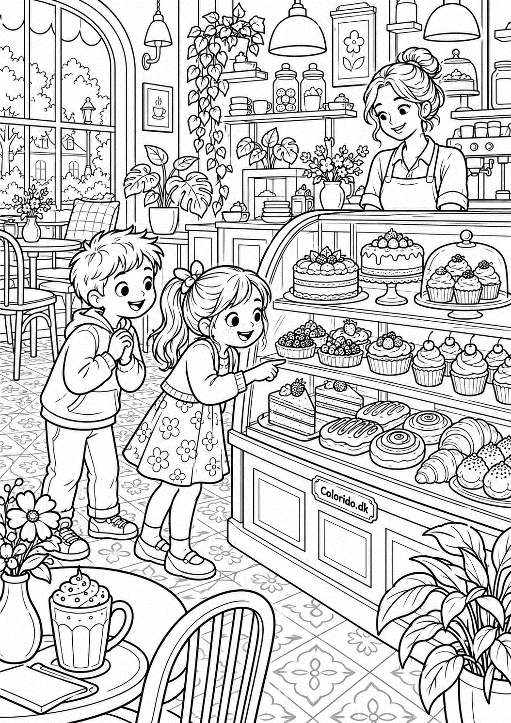 Café med kager og desserter – tegning til print