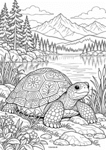 Skildpadde ved bjergsøen – gratis tegning