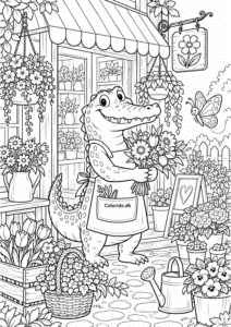 Krokodille i blomsterbutik – detaljeret farvelægningsark