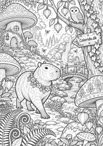 Capybara i magisk skov med svampe – eventyrtegning